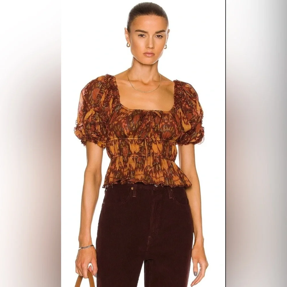 NWT Ulla Johnson Medha Top in Ember Peplum Puff Sleeves Ruffle Metallic